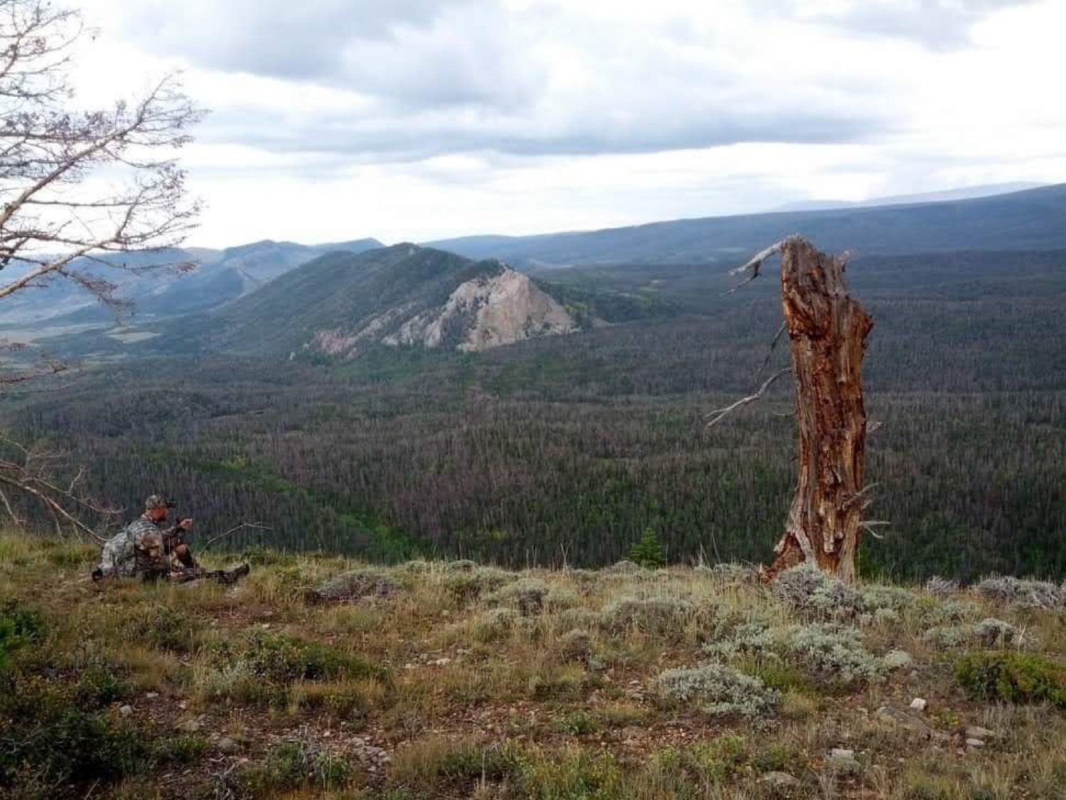 Christopher sitting on a ridge glassing a big timbered valley