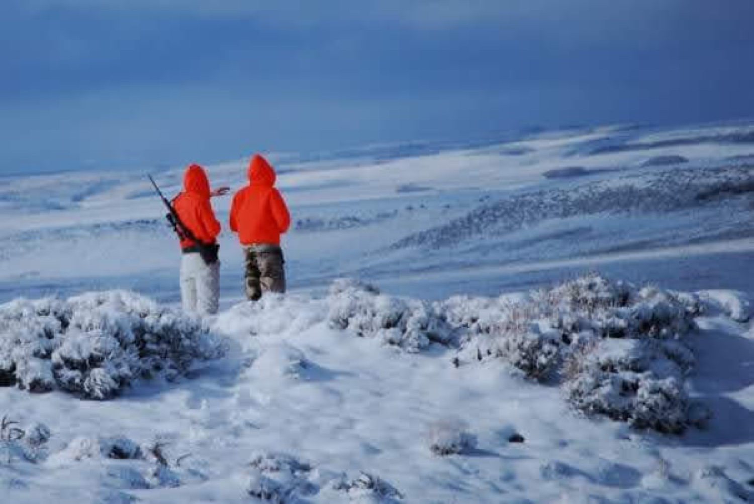 Two hunters in blaze orange in the snow